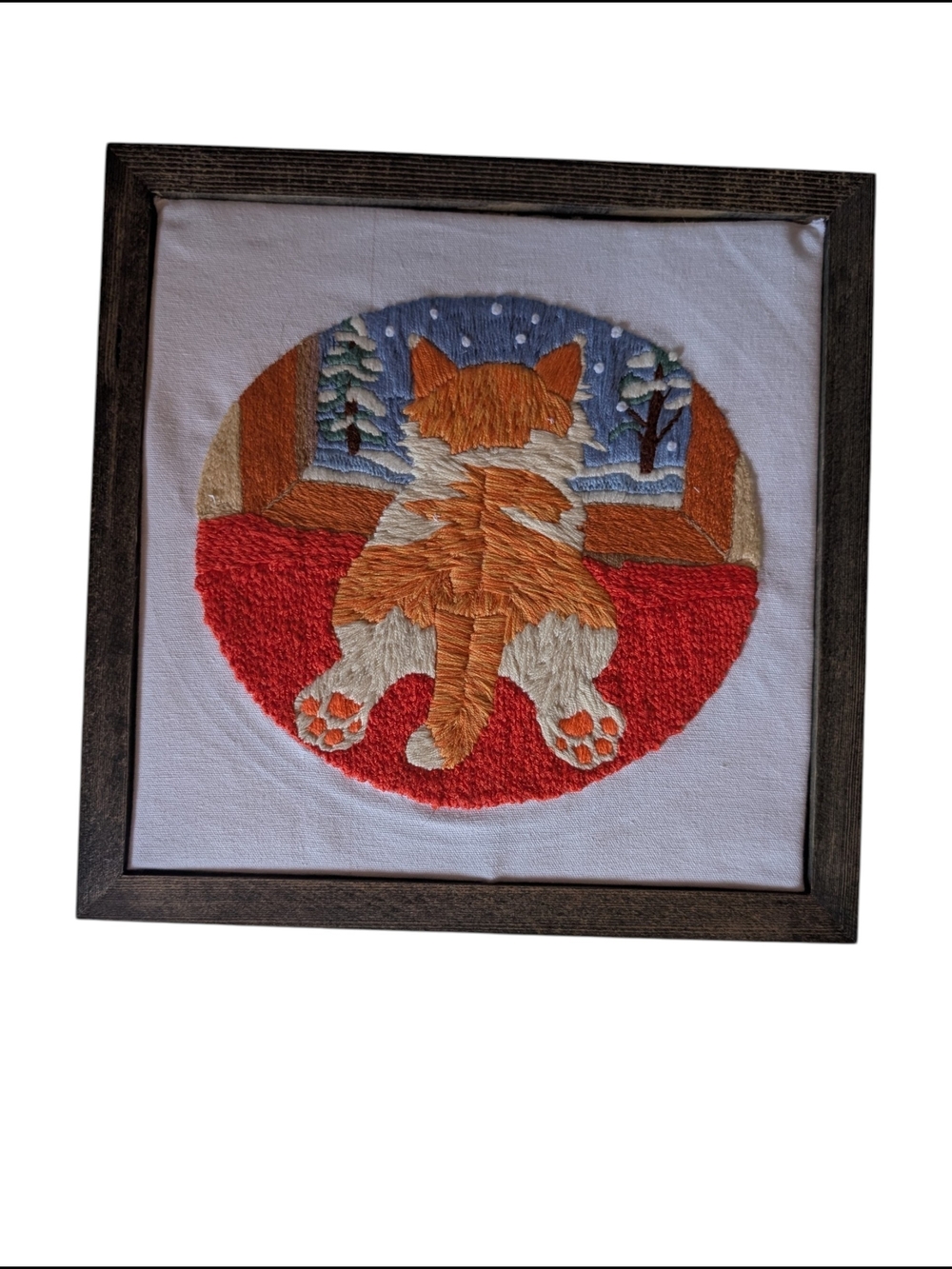 Handmade Embroidery Orange Cat Relaxing By Window, 10x10 Inches